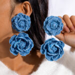 blue denim flower earrings casual statement jewelry