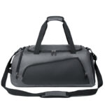 Gray waterproof gym duffel bag with adjustable shoulder strap and compartments