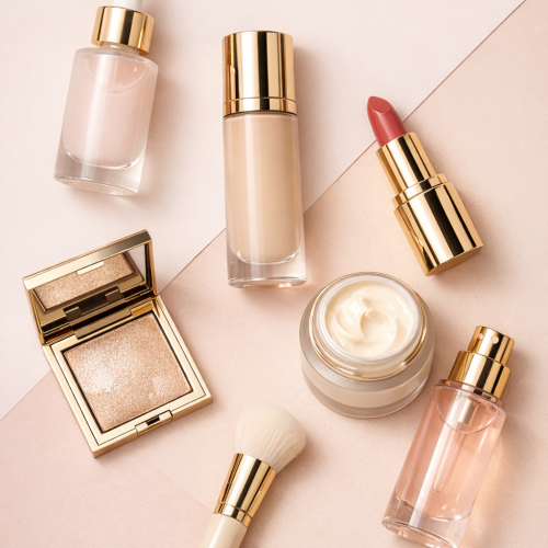 Luxury beauty products arranged elegantly on a sof