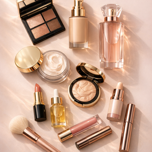 Popular bestselling beauty products arranged promi